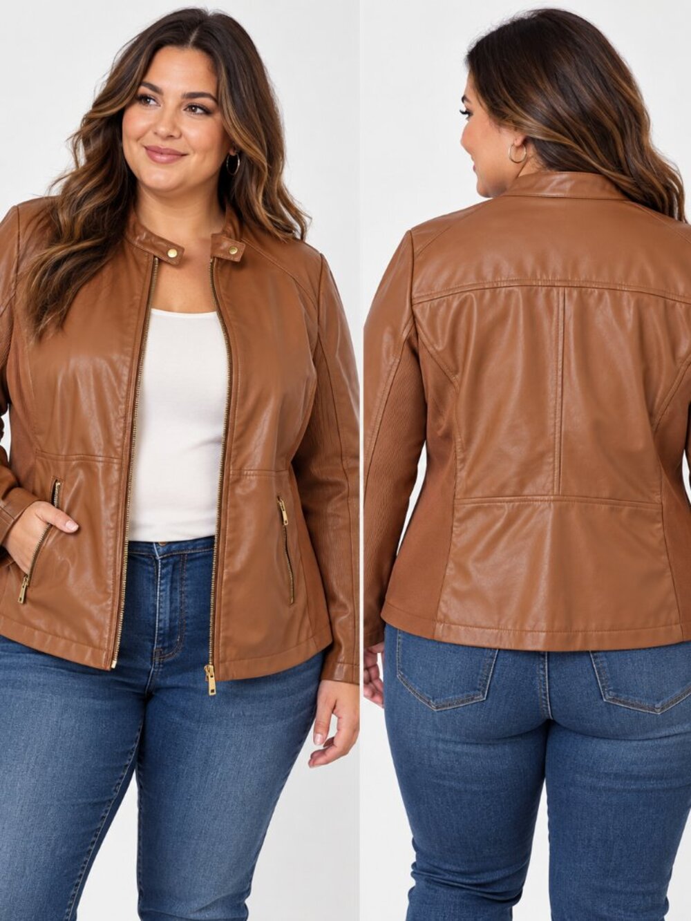 a.n.a. 3X Brown Faux Leather Moto Jacket Stretch Panels Plus Size